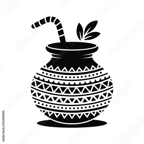 Traditional yerba mate gourd with straw and leaves in black and white
