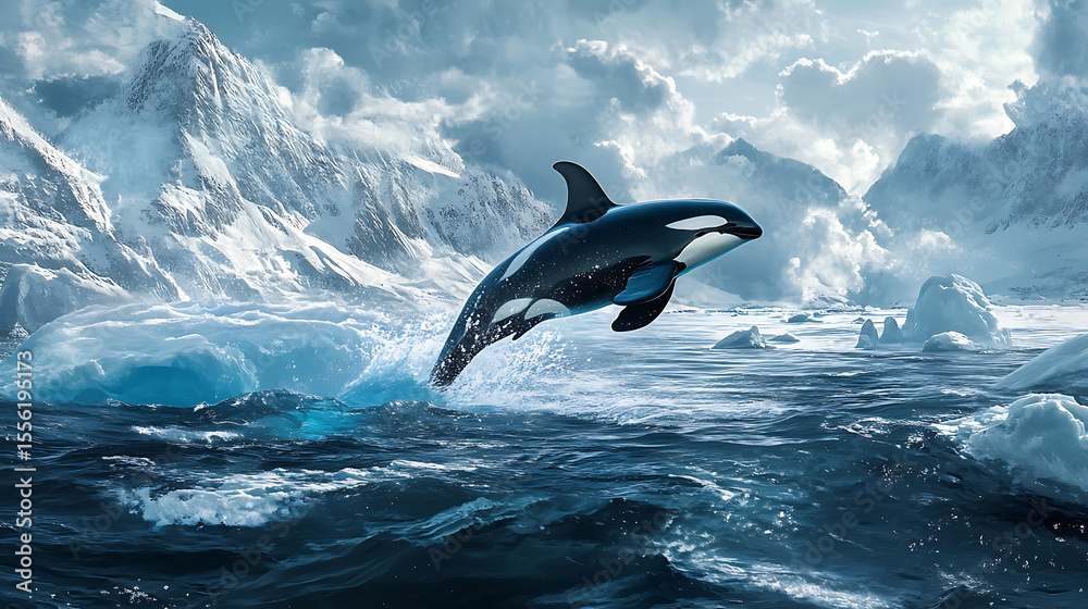 Fototapeta premium Orca leaping from ocean waves targeting a seal on floating ice