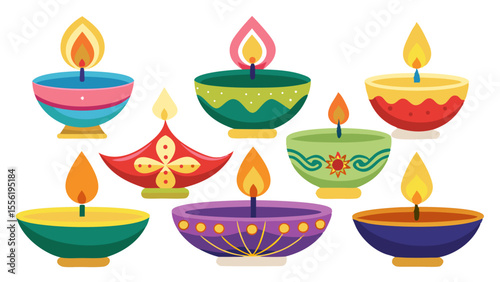 Vector art of set of colorful diya lamps and candles isolated on white background, ideal for diwali celebrations