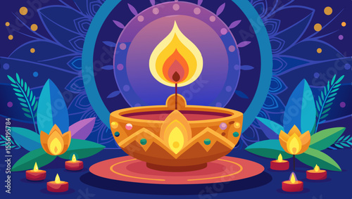 Vector art of a soft focus image of a candle flame glows with a mystical aura, creating a serene atmosphere