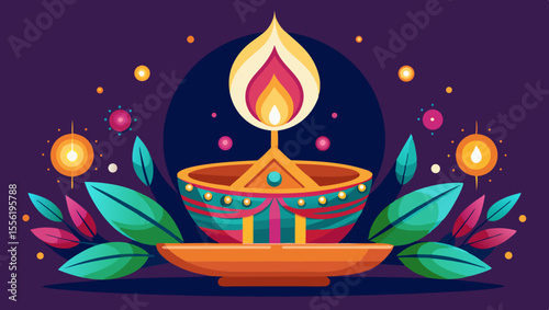 Vector art of a single candle glows brightly in the darkness, its warm light casting a soft glow against a deep purple and blue background