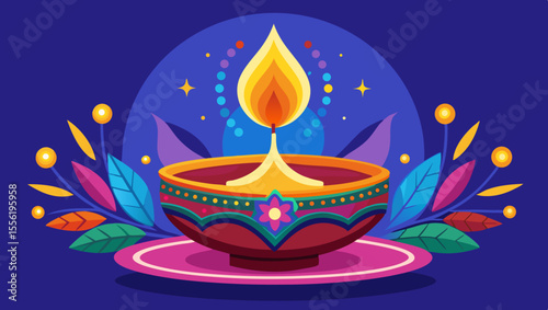 Vector art of a single candle flame casts a warm glow against a dark blue background, creating a peaceful and contemplative mood