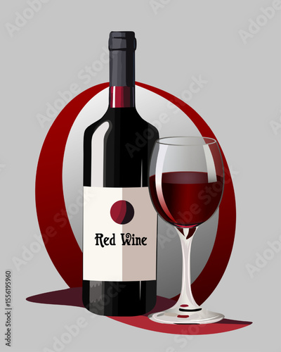 Wine in a bottle and a glass.Vector color illustration with red wine in a bottle and glass.