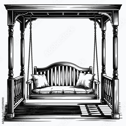 Vintage porch swing with cushions and pillows on a white background