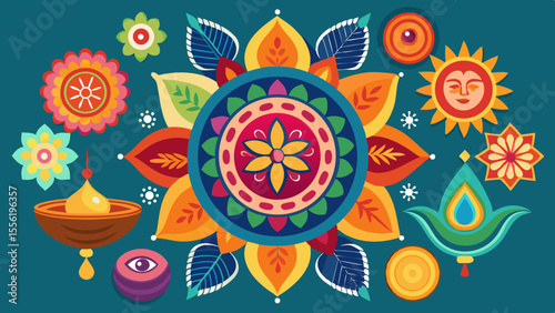 Vector art of a vibrant mandala design features colorful flowers, suns, and leaves in a festive illustration