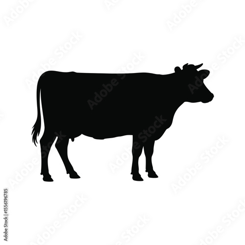 Black silhouette of a cow standing on a white background