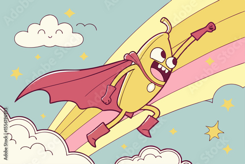 Banana Superhero Flying with Billowing Cape Bright and Colorful Vector Design