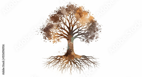 A symbolic tree with exposed roots depicted in watercolor splashes, expressing growth, life, and grounded energy.