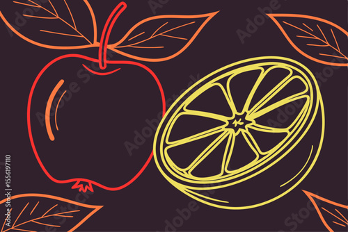 Vibrant Neon Fruit Outlines Pattern on Dark Background Seamless Texture Design
