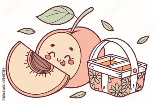 peach with rosy cheeks  holding a tiny picnic basket