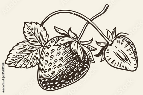 strawberry in old scientific print style with fine