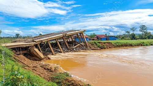 Collapsed bridge over flooded river.  Damaged infrastructure, destruction, and the aftermath of a natural disaster.  Muddy water flows fast.  Ruined wooden structure