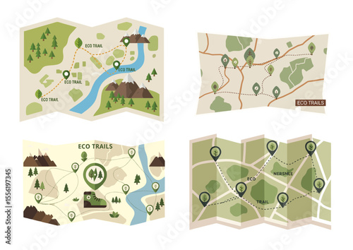 Map with eco trails marked by leaf-shaped waypoints, nature-focused travel icon in calm earth tones on white background