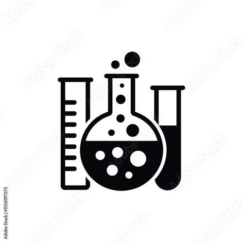 Black and white icon of three laboratory flasks with bubbling liquid and measurements