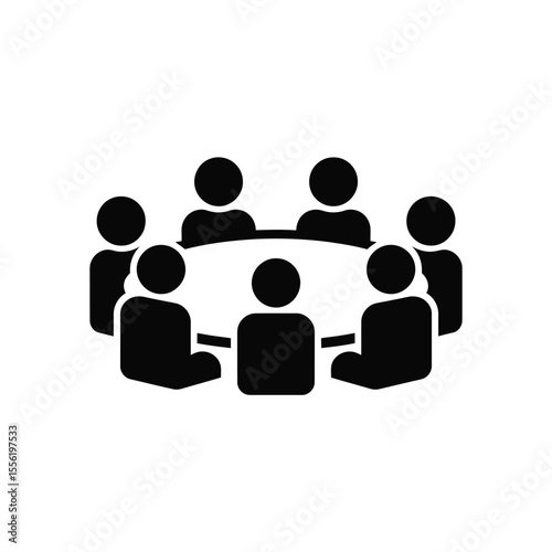 Stylized black icon of people sitting around a circular table in discussion