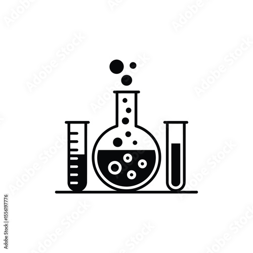 Black and white illustration of laboratory glassware with bubbling liquid