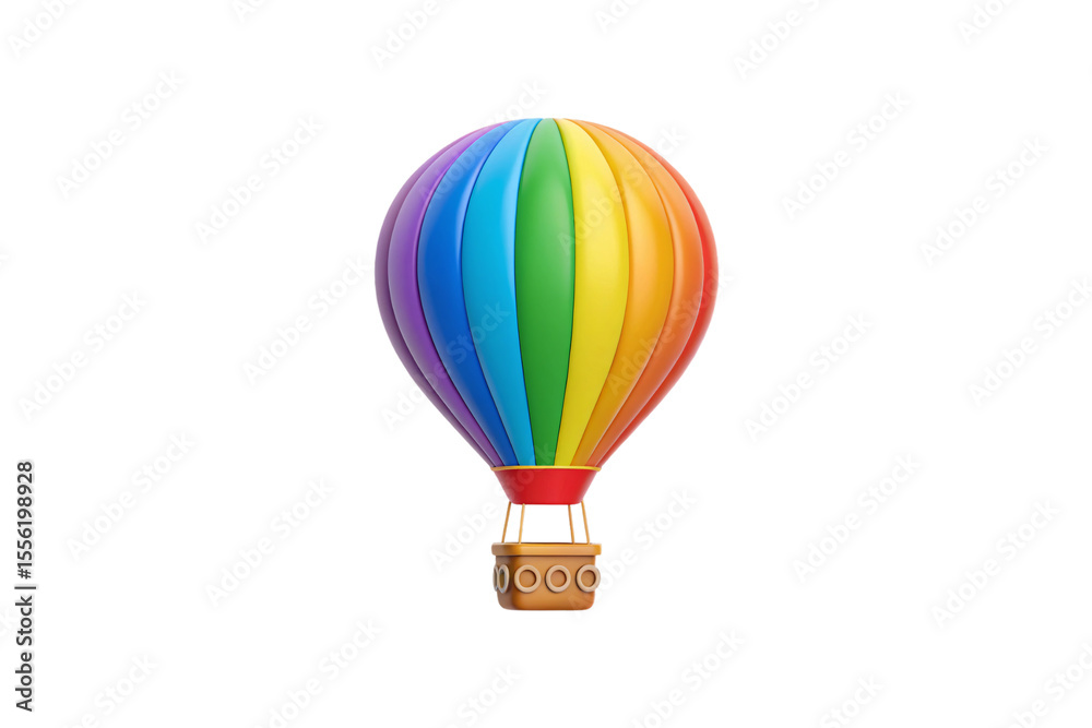 Fototapeta premium Colorful rainbow striped hot air balloon with wicker basket floating through the sky, isolated on a transparent background