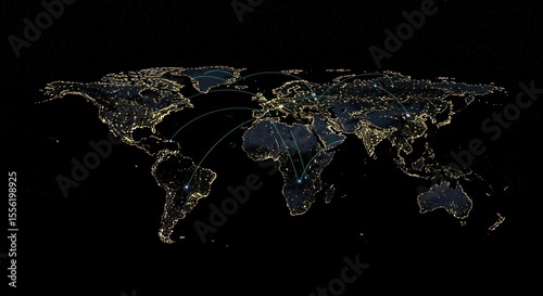 World map at night showing city lights from space against a black background.