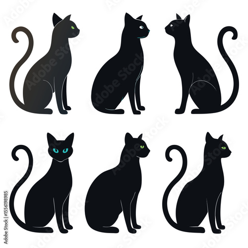 Black Cat Silhouettes Vector Set with Green and Blue Eyes isolated on white background