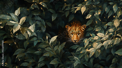 Leopard emerging from dense foliage to ambush an antelope in golden lighting 