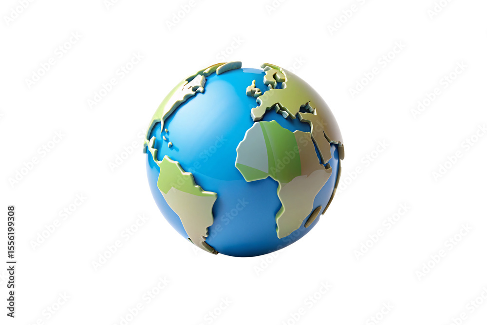 Fototapeta premium Colorful 3D Earth globe showing continents in blue oceans with green and brown landmasses realistically rendered, isolated on a transparent background