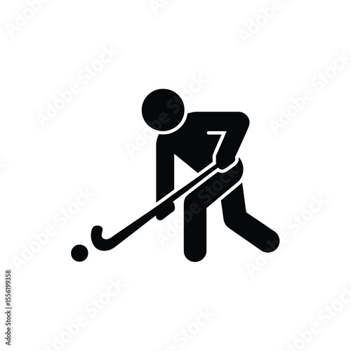 Black silhouette of a hockey player with a stick and ball on a white background