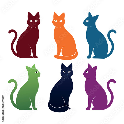  Colorful Sitting Cat Silhouettes Vector Set isolated on white background