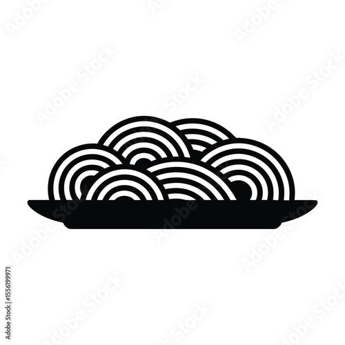 Stylized black and white illustration of a plate of noodles