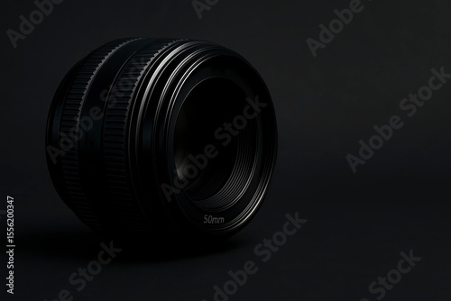 Close up shot of a black camera lens on a dark background surface