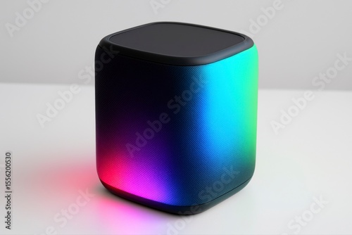 A colorful speaker with a black top sitting on a white surface view