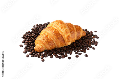 Golden buttery croissant resting on scattered dark roasted coffee beans creating rustic breakfast arrangement, isolated on a transparent background