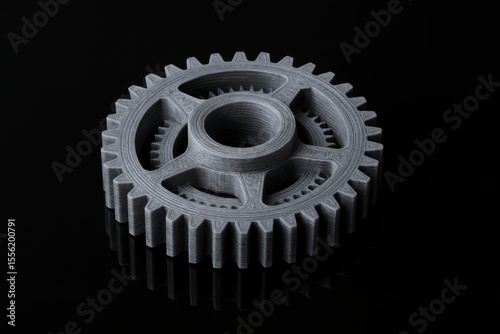 Close up of a gray gear on a black reflective surface in studio shot