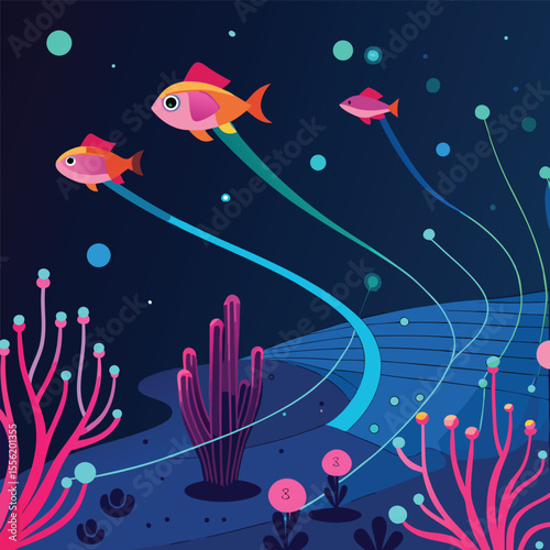Coral reefs made from luminous fiber optics and holographic fish swimming through data currents..eps