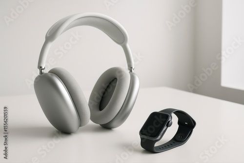 Still life featuring silver headphones and a black smartwatch on white