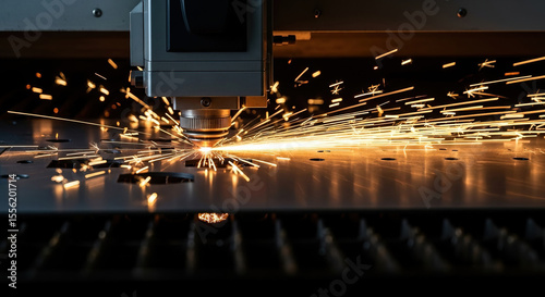 Closeup of a laser cutting machine in action, sparks flying