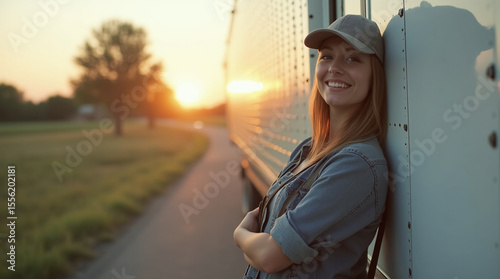 young female truck driver in casual wear and baseball cap, standing near white semi truck on a country road, sunrise light, authentic and modern vibe