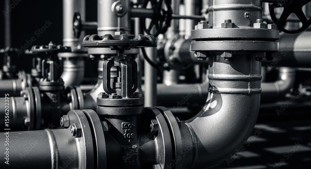 Fototapeta premium Industrial pipes and valves, a monochrome closeup shot