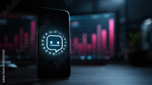 A smartphone displaying a glowing chat bot icon, showcasing modern communication and technology