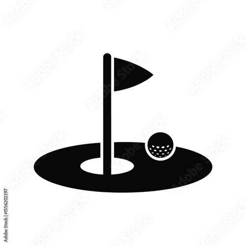 Simple black and white icon of a golf ball near a hole with a flag