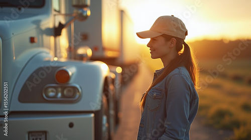 young female truck driver in casual wear and baseball cap, standing near white semi truck on a country road, sunrise light, authentic and modern vibe