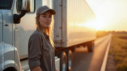 young female truck driver in casual wear and baseball cap, standing near white semi truck on a country road, sunrise light, authentic and modern vibe