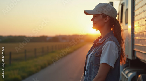 young female truck driver in casual wear and baseball cap, standing near white semi truck on a country road, sunrise light, authentic and modern vibe