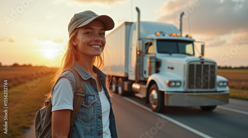 young female truck driver in casual wear and baseball cap, standing near white semi truck on a country road, sunrise light, authentic and modern vibe