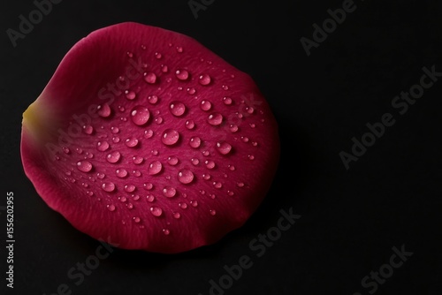 A single rose petal covered in water droplets on a dark background