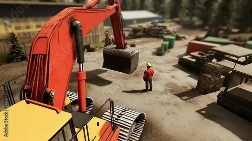 Heavy machinery operation at construction zone with worker monitoring equipment