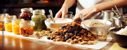 Colorful display of healthy snacks and ingredients at a food preparation station in a bustling kitchen