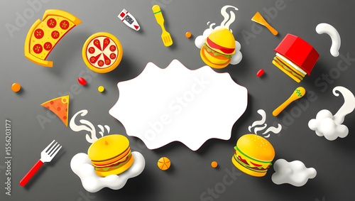 Fast food spread with empty text bubble: A playful collection of stylized fast food items surrounds an empty text bubble, perfect for custom messages or promotions.