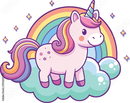 Cute pink unicorn standing on cloud with rainbow and sparkling stars around