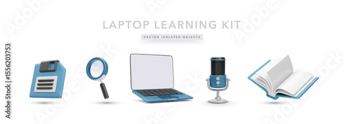 Online Learning Icons Featuring Laptop, Microphone, Book, Magnifying Glass, and Floppy Disk in 3D Minimal Style. Great for Education, Research, or Podcast Projects. Vector Illustration.