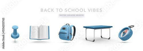 School Supplies Icons Including Push Pin, Open Book, Backpack, Desk, and Compass in Clean 3D Style. Perfect for Education, Back to School, or Student Life Projects. Vector Illustration.